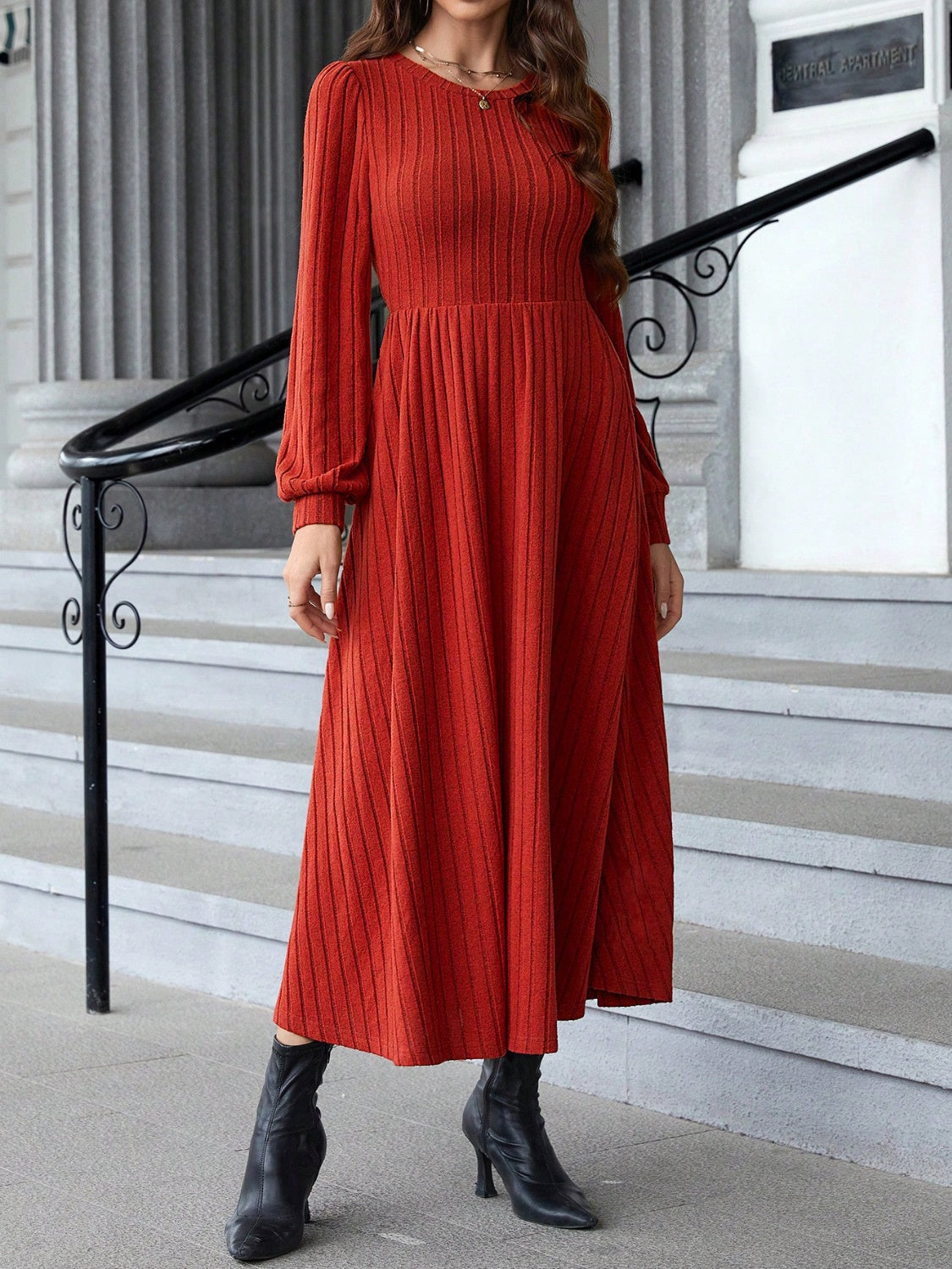 Ribbed Round Neck Long Sleeve Dress Trendsi