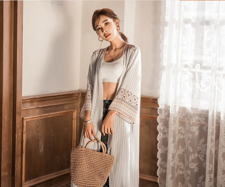 Beach holiday beach sun protection clothing female retro shawl outside summer bohemian flower striped thin cardigan ARZ