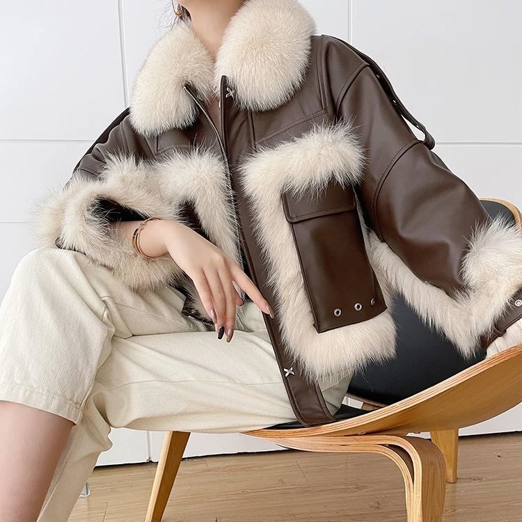 Sense Fox Fur Stitching Leather Coat ARZ