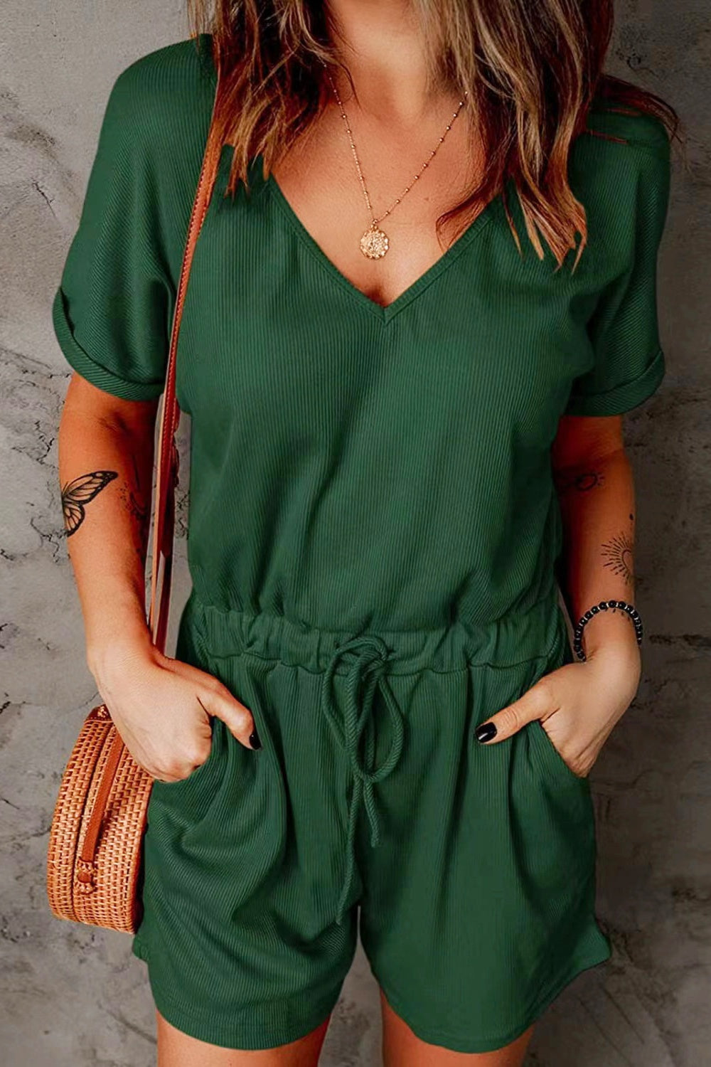 Full Size Drawstring V-Neck Short Sleeve Romper Trendsi