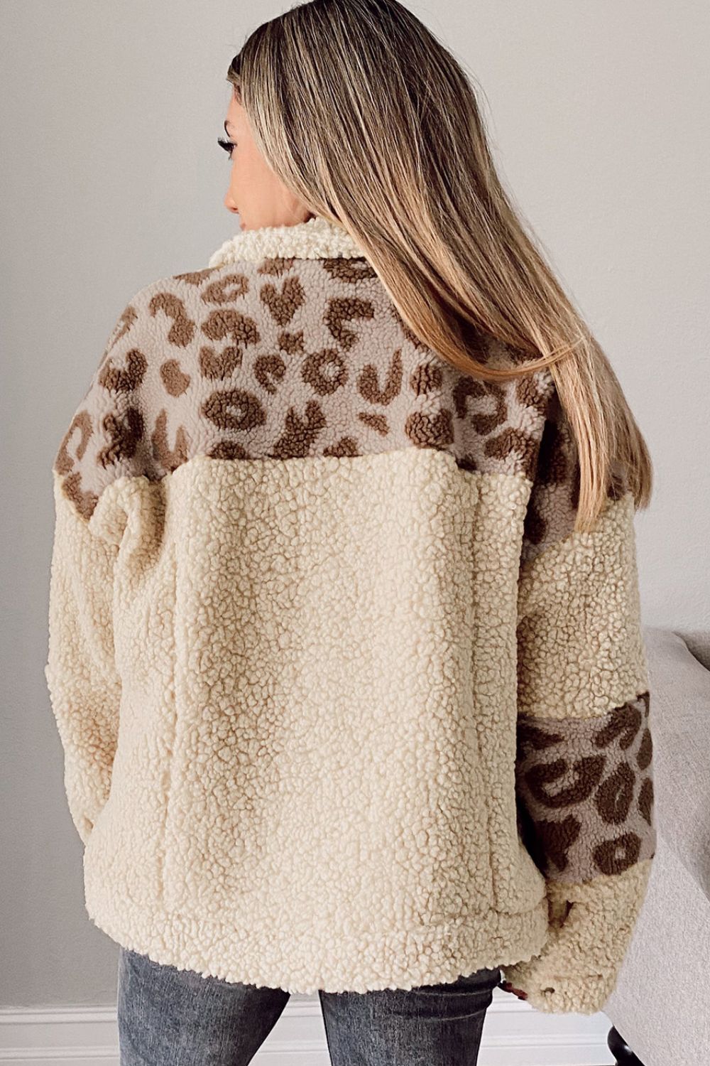 Pocketed Leopard Collared Neck Sherpa Jacket Trendsi