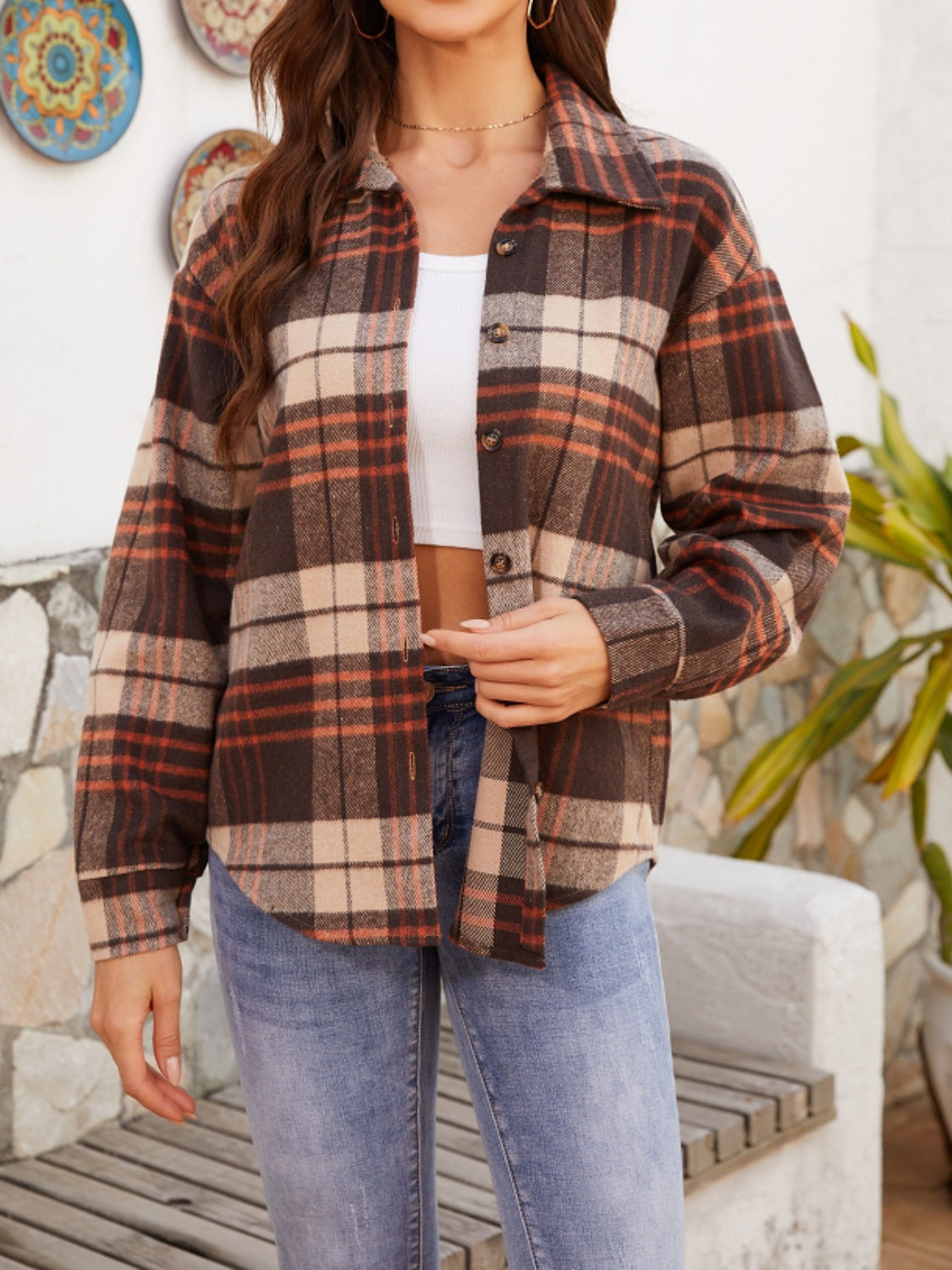 Plaid Button Up Long Sleeve Jacket Trendsi