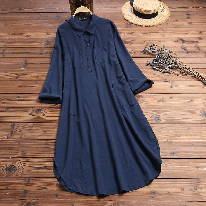 Elegant Solid Color Slit Dress Long Shirt Dress ARZ