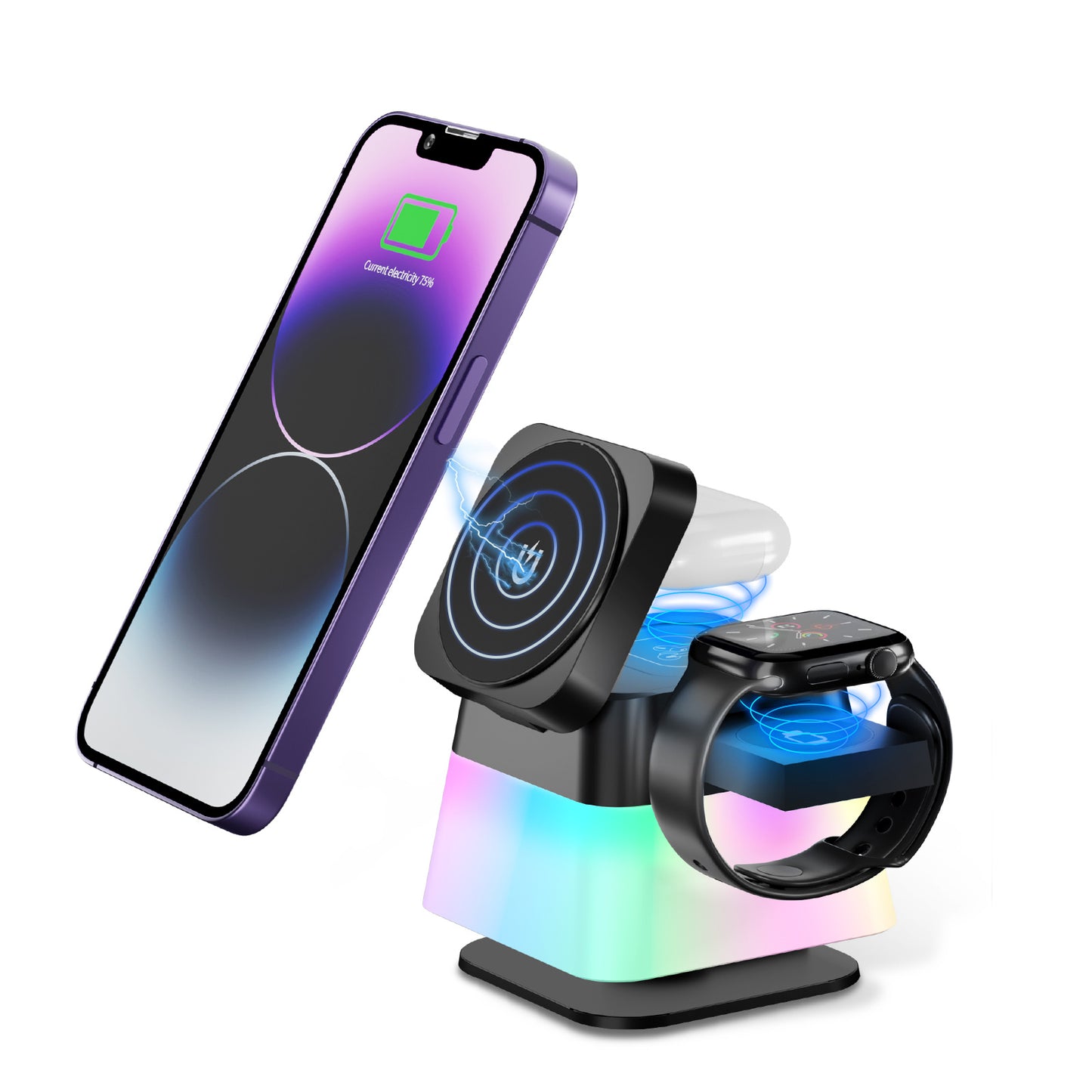 4 In 1 Rotatable Colorful Lighting Wireless Charger Stand For Phone 15 14 13 12 Pro Max 8 7 Holder Magnetic Fast Charging Station ARZ