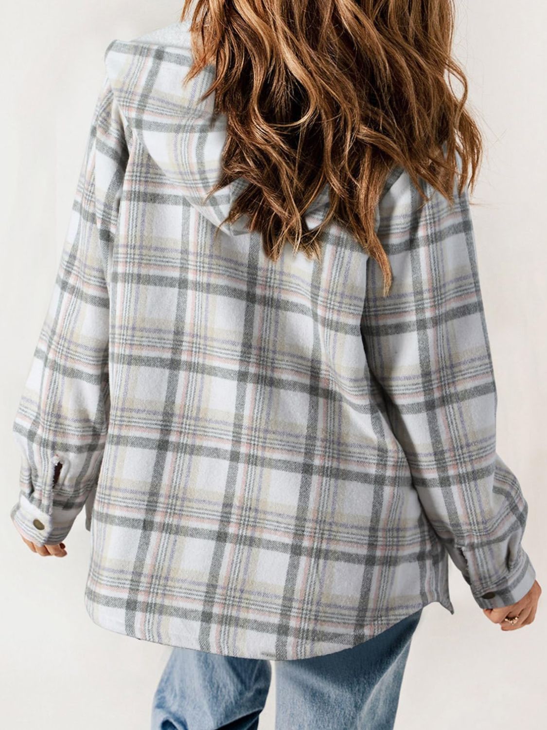 Plaid Snap Down Plush Hooded Jacket Trendsi