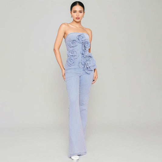 Elegant Commuter Tube Top Three-dimensional Flower High Waist Jumpsuit ARZ