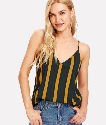 SHEIN Double V Neck Striped Cami Top Spaghetti Strap Casual Women Sexy Striped Top Summer Multicolor Backless Camisole Tops ARZ