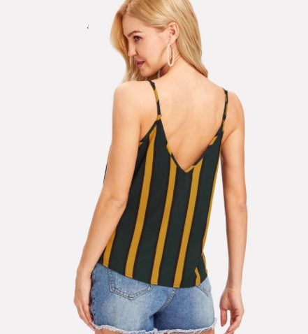 SHEIN Double V Neck Striped Cami Top Spaghetti Strap Casual Women Sexy Striped Top Summer Multicolor Backless Camisole Tops ARZ