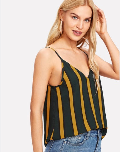 SHEIN Double V Neck Striped Cami Top Spaghetti Strap Casual Women Sexy Striped Top Summer Multicolor Backless Camisole Tops ARZ