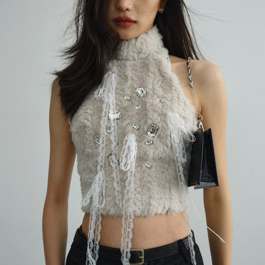 Soft And Adorable Fur Lace Tassel Light Diamond Vest ARZ