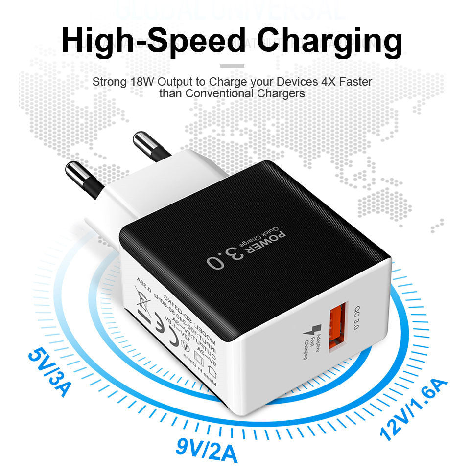 Compatible with Apple, 18W Quick Charge 3.0 Snelle Mobiele Telefoon Oplader Eu Plug Wall Charger Usb Adapter Voor Iphone 11 Pro Xr xs Max Samsung Redmi Huawei ARZ