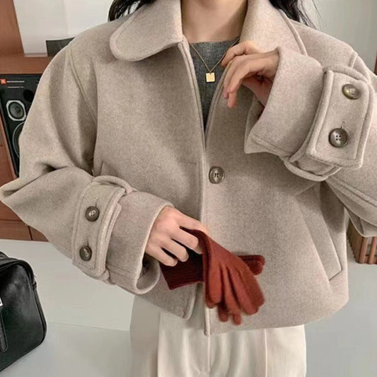 Retro Peter Pan Collar Single-breasted Loose All-match Solid Color Long-sleeved Woolen Coat ARZ