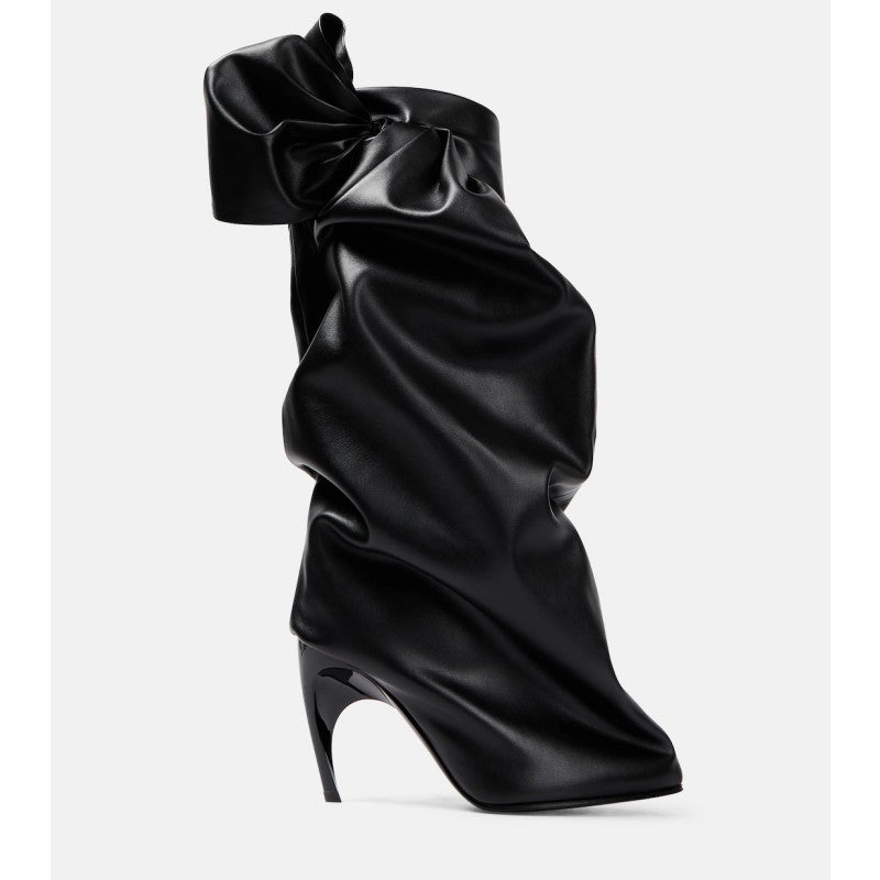 Black Bow Stitching Sleeve Pleated Special-shaped High Heel Women's Boots ARZ