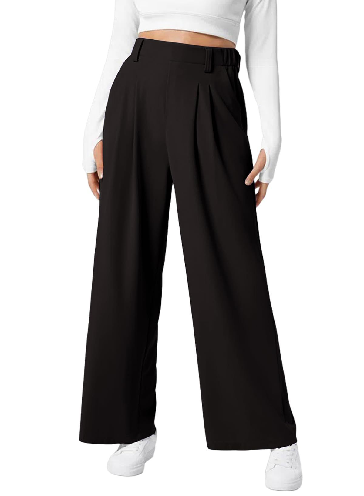 Women's Wide Leg Pants Elastic High Waist Waffle Knit Casual ARZ