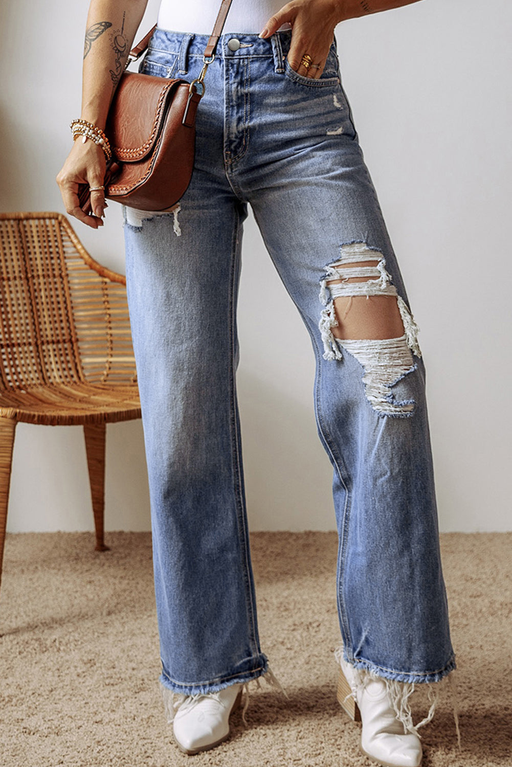 Distressed Straight Leg Jeans with Pockets Trendsi