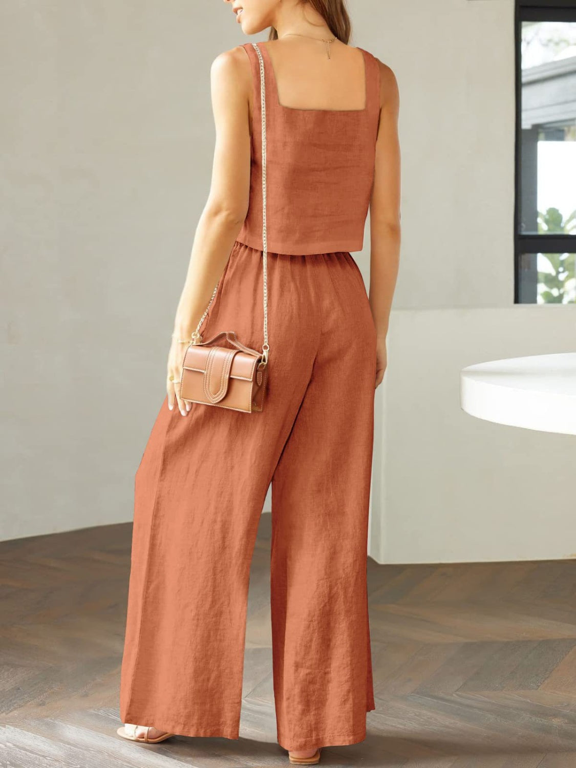 Square Neck Top and Wide Leg Pants Set Trendsi