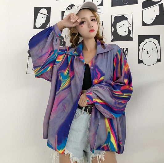 Lychee Harajuku Laser Women Blouse Rainbow Turn Down Collar Long Sleeve Casual Loose Holographic Hologram Shirt Tops Female ARZ