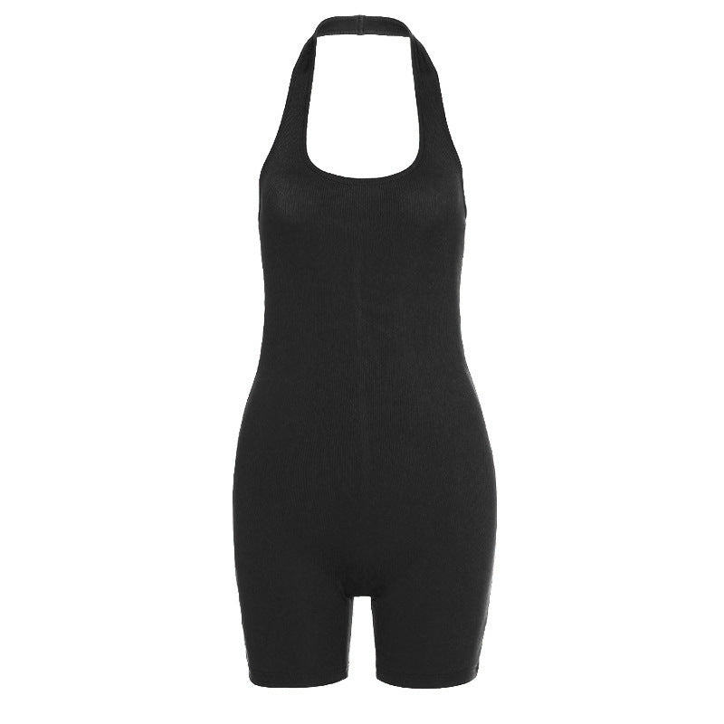 Pure Color Sexy Halter  Short Sports Jumpsuit ARZ