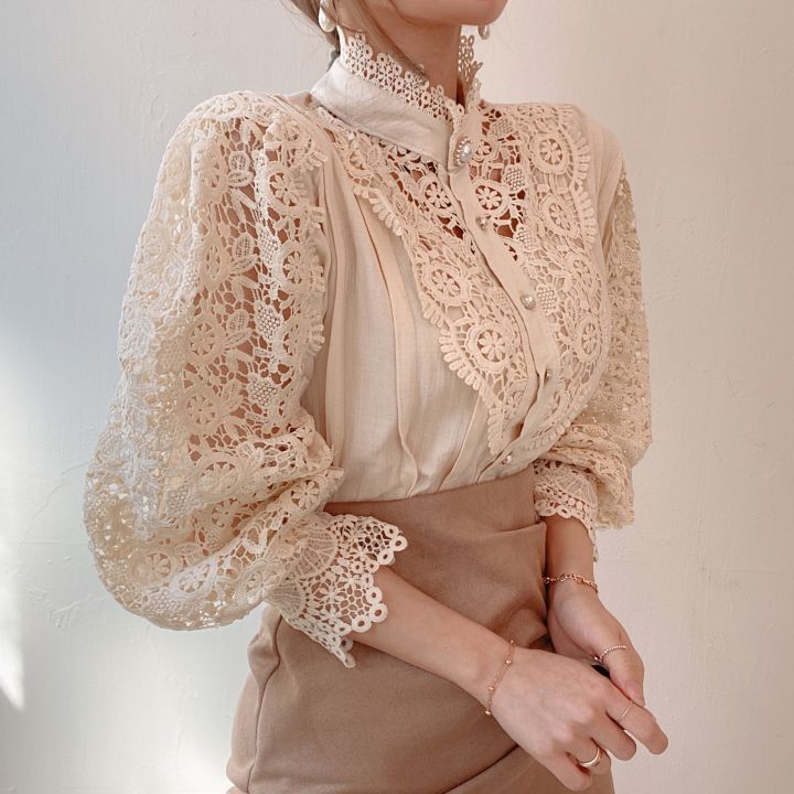 Lace Hollow Flower Stitching Long-Sleeved Stand Collar Shirt ARZ