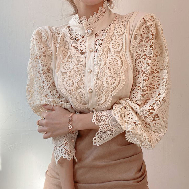 Lace Hollow Flower Stitching Long-Sleeved Stand Collar Shirt ARZ