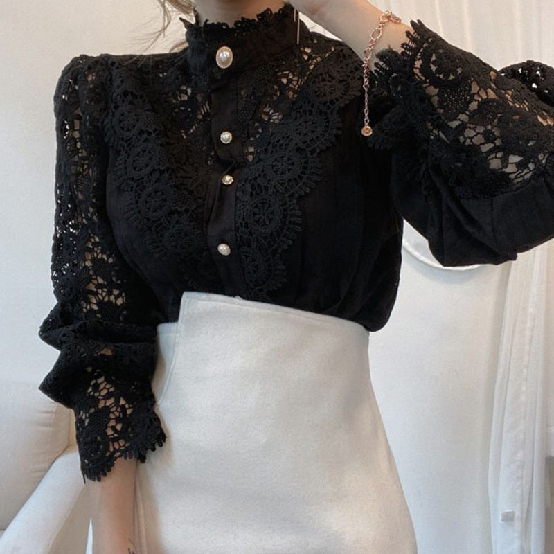 Lace Hollow Flower Stitching Long-Sleeved Stand Collar Shirt ARZ