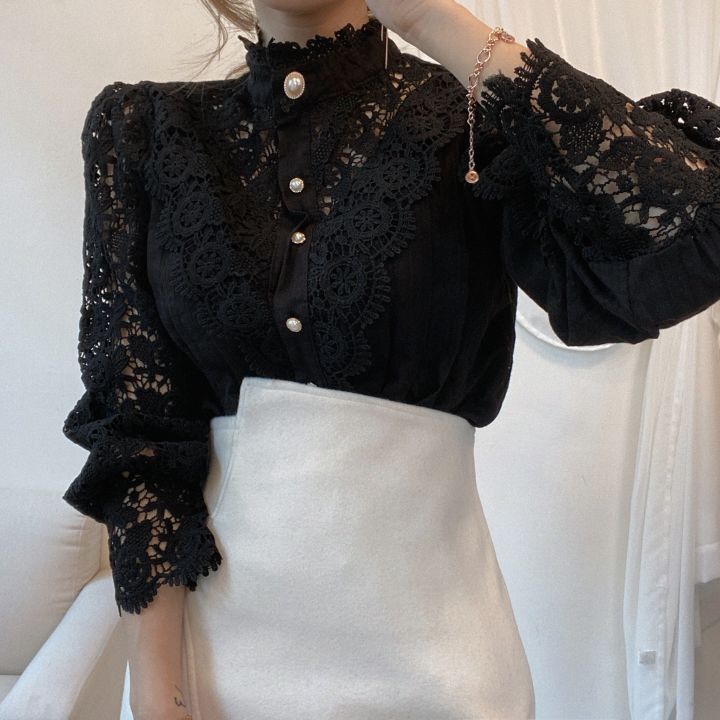 Lace Hollow Flower Stitching Long-Sleeved Stand Collar Shirt ARZ