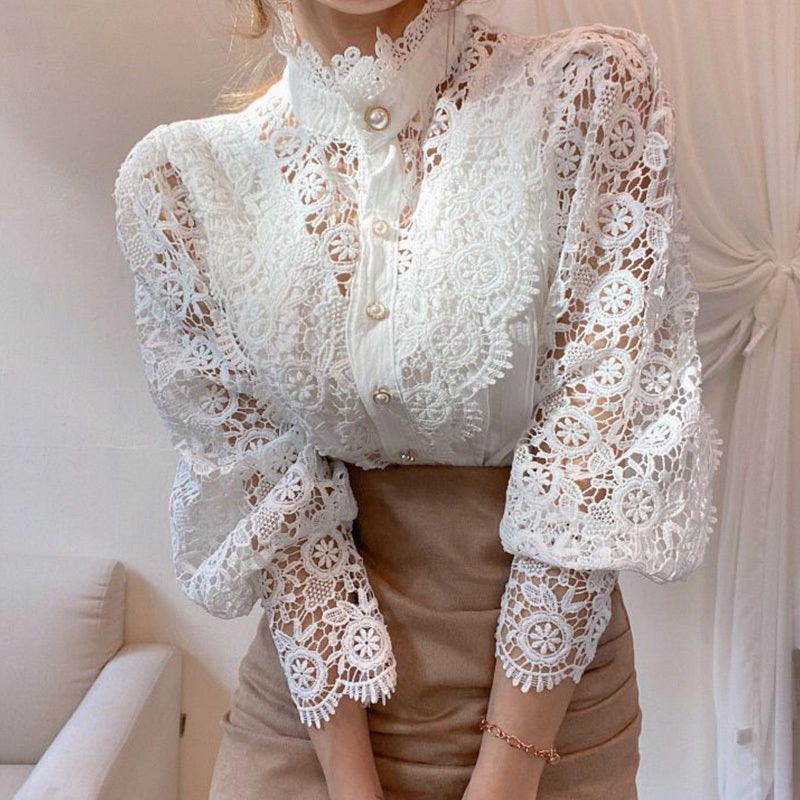 Lace Hollow Flower Stitching Long-Sleeved Stand Collar Shirt ARZ