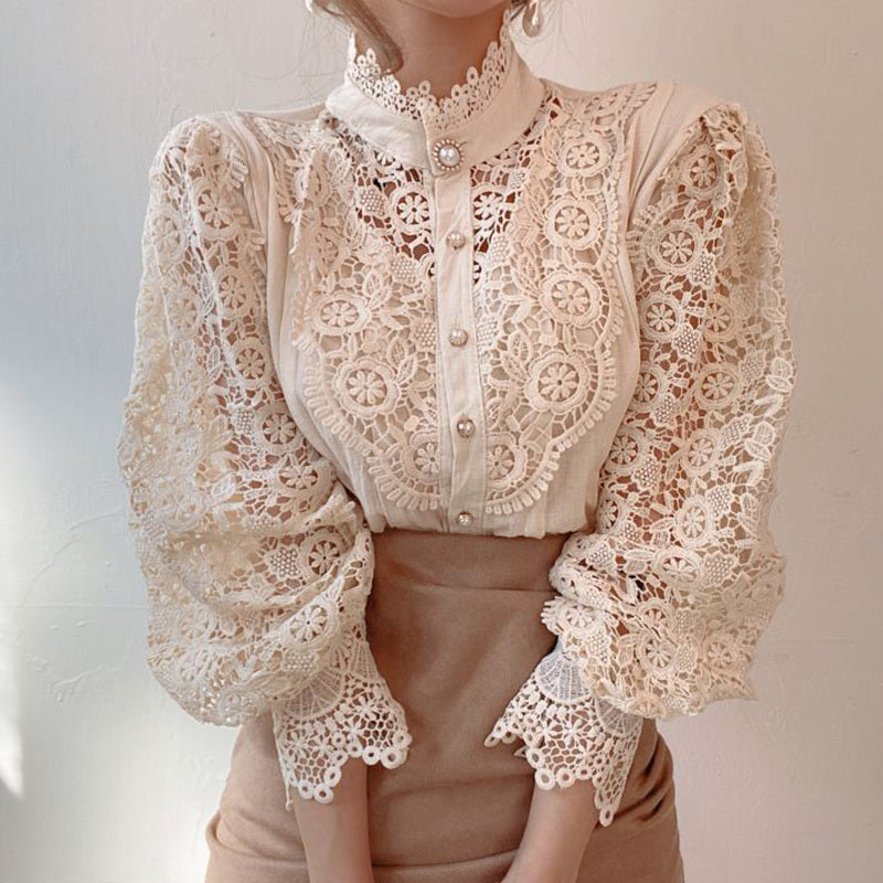 Lace Hollow Flower Stitching Long-Sleeved Stand Collar Shirt ARZ