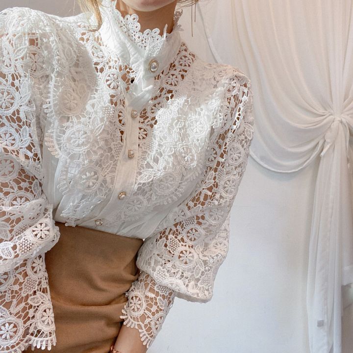 Lace Hollow Flower Stitching Long-Sleeved Stand Collar Shirt ARZ