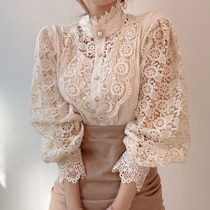 Lace Hollow Flower Stitching Long-Sleeved Stand Collar Shirt ARZ