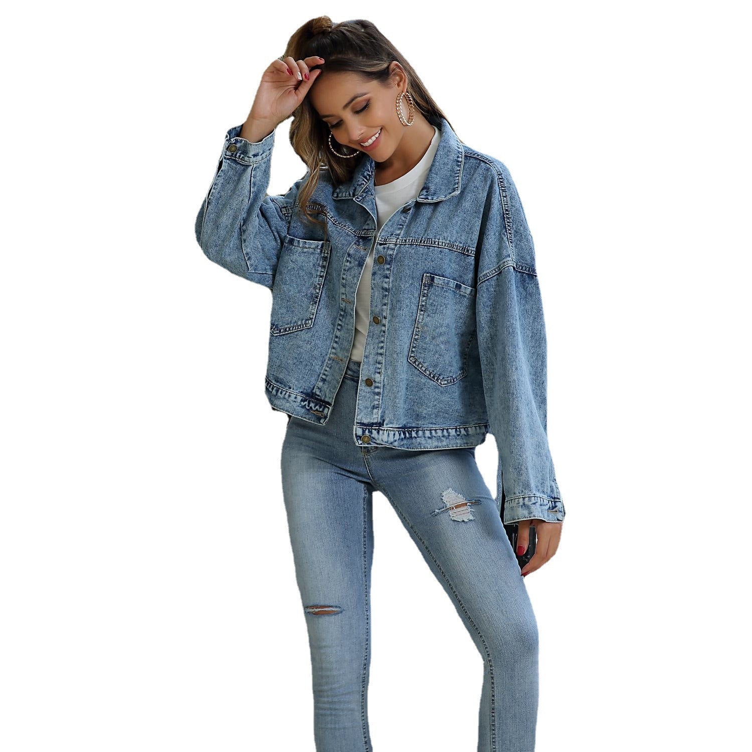 Water Blue Short Loose Casual Denim Jacket Jacket ARZ