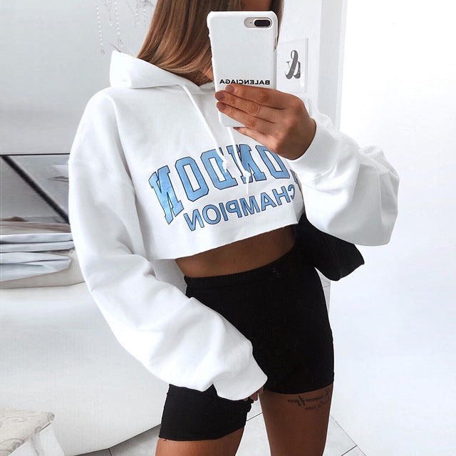 Explosion Style Autumn Long-Sleeved Hoodie Women Crop Top White ARZ