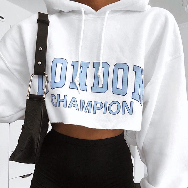 Explosion Style Autumn Long-Sleeved Hoodie Women Crop Top White ARZ