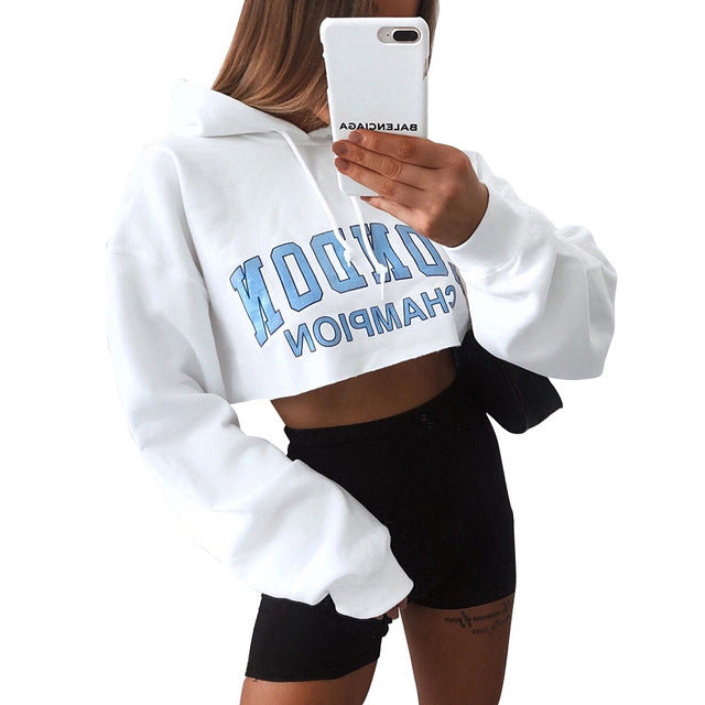 Explosion Style Autumn Long-Sleeved Hoodie Women Crop Top White ARZ