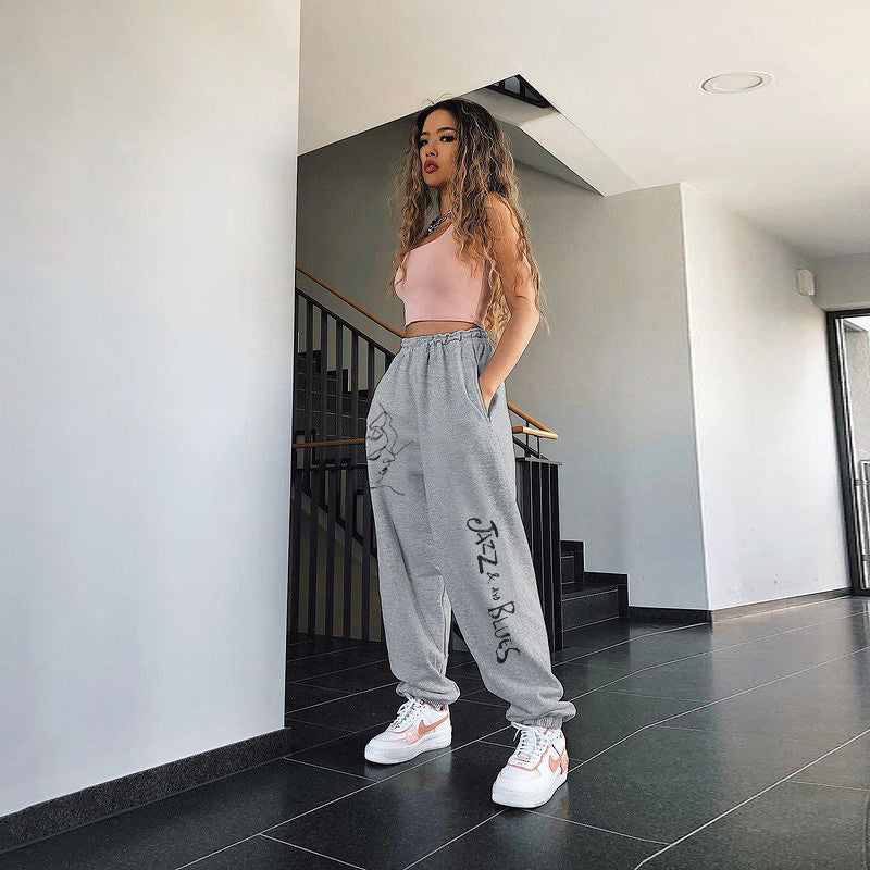 High Waist All-Match Print Loose Sports Leg Straight Trousers And Trousers ARZ