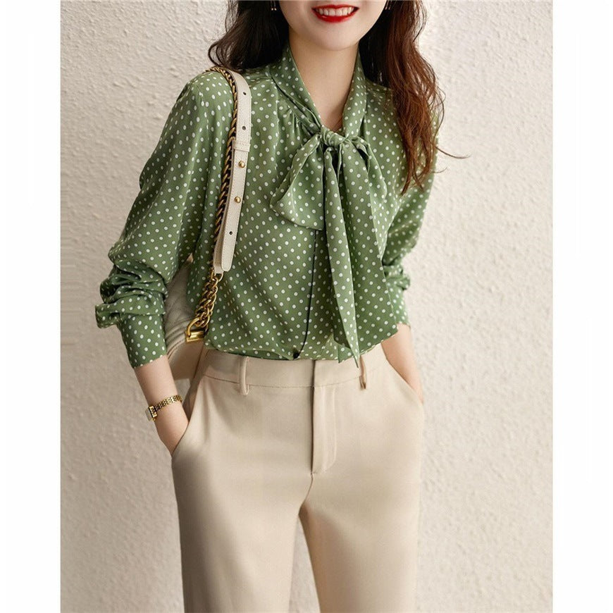 Polka Dot Shirt Women Long Sleeved Bow Knot Shirt Loose Chiffon Shirt Top ARZ