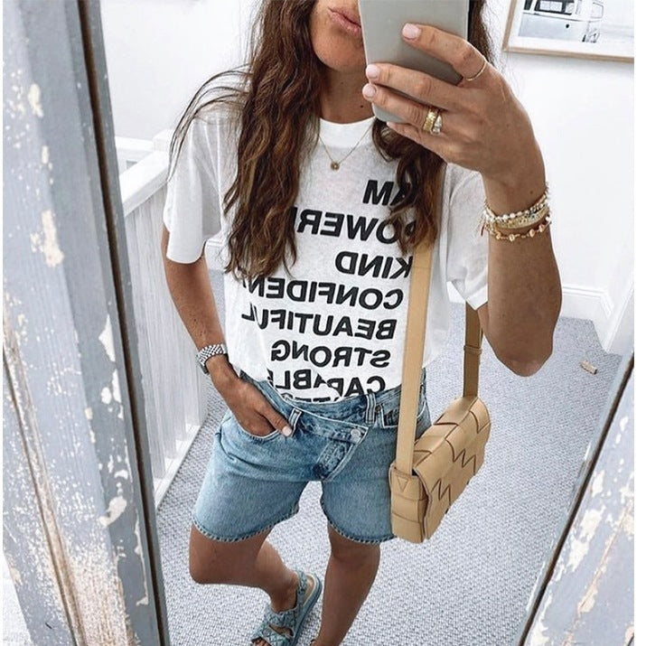 Tops Y2K Short-Sleeve White Tees Women Shirt Letter Print O-Neck Cotton Jastie Summer ARZ