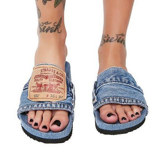 Beach Solid Color Casual Denim Fish Mouth Flat-Heel Slippers ARZ