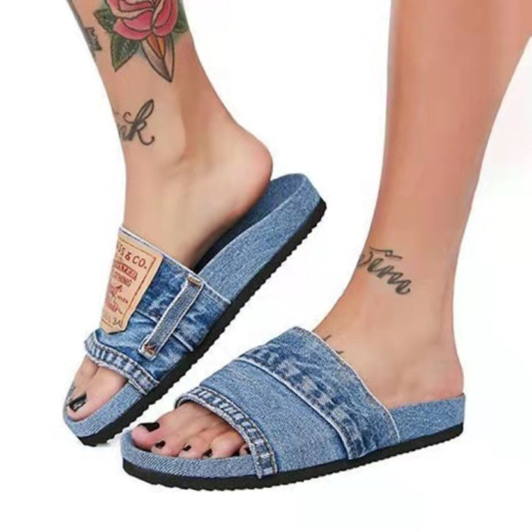 Beach Solid Color Casual Denim Fish Mouth Flat-Heel Slippers ARZ