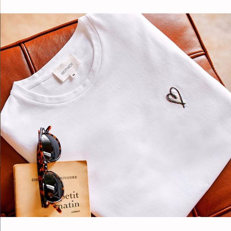 WOTWOY Funny Heart Embroidery Tshirts Women Summer Solid Cotton T-shirt Women Casual Knitted Tops Femme Black White Tees ARZ