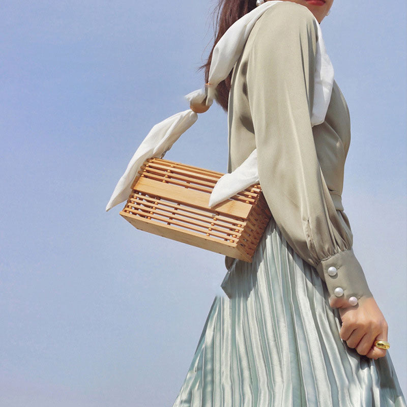 Antique New Ins Rattan Woven Bag Light Luxury Woven Bag Straw Woven Bag Vacation Portable Shoulder Bag Bamboo Basket Bag Female ARZ