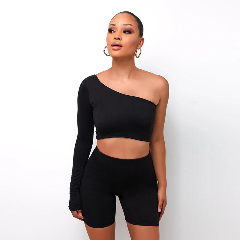 Kliou Solid Asymmetrical Two Piece Sets Women Tracksuit Crop Tops Elastic Bike Shorts Sporty Matching Suits Casual Female Outfit ARZ