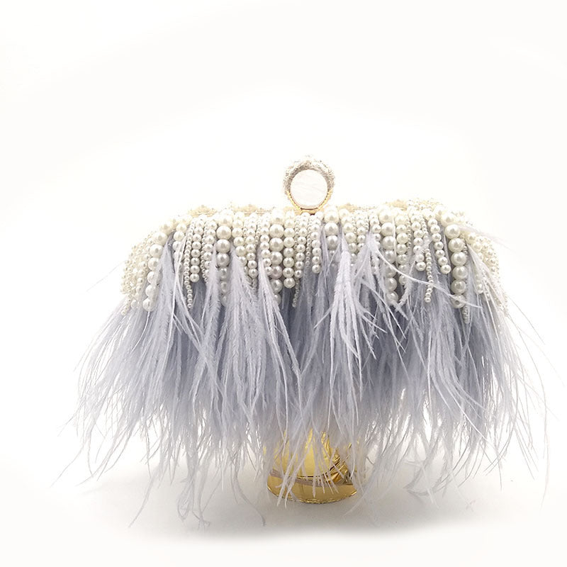 Niche Trendy Brand Ostrich Hair Bag Fashion Evening Dress Banquet Catwalk Clutch Bag Shoulder Diagonal Chain Pearl ARZ