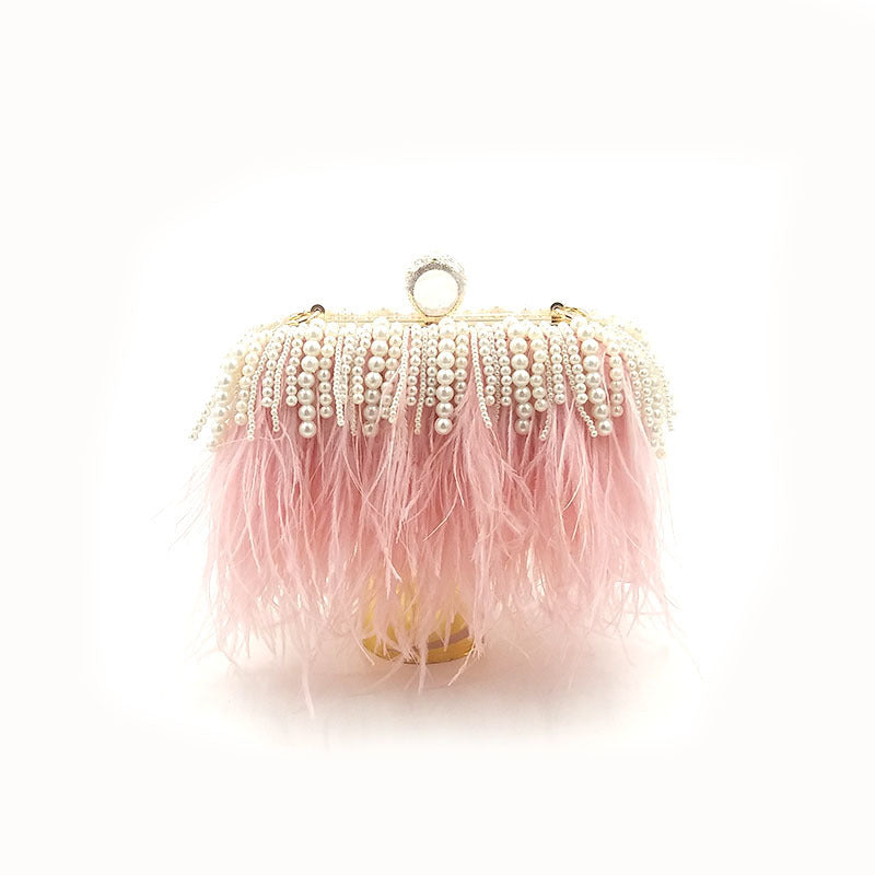 Niche Trendy Brand Ostrich Hair Bag Fashion Evening Dress Banquet Catwalk Clutch Bag Shoulder Diagonal Chain Pearl ARZ