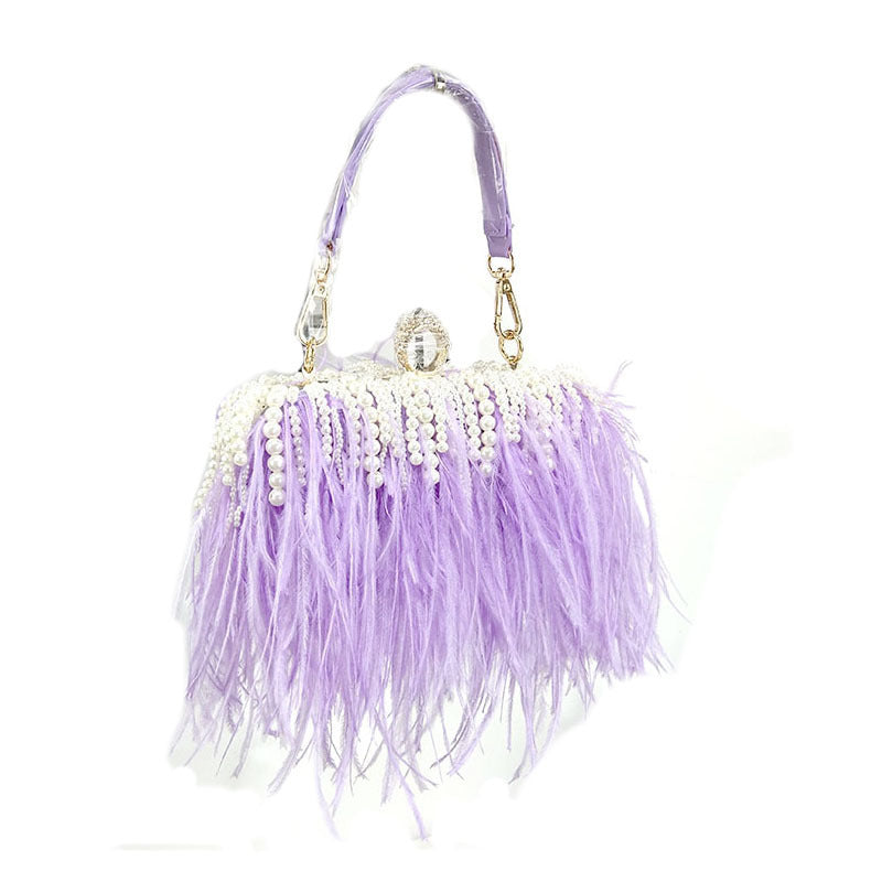 Niche Trendy Brand Ostrich Hair Bag Fashion Evening Dress Banquet Catwalk Clutch Bag Shoulder Diagonal Chain Pearl ARZ