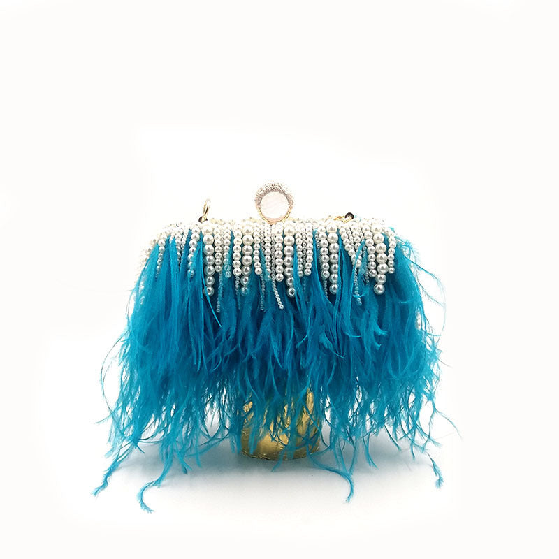 Niche Trendy Brand Ostrich Hair Bag Fashion Evening Dress Banquet Catwalk Clutch Bag Shoulder Diagonal Chain Pearl ARZ