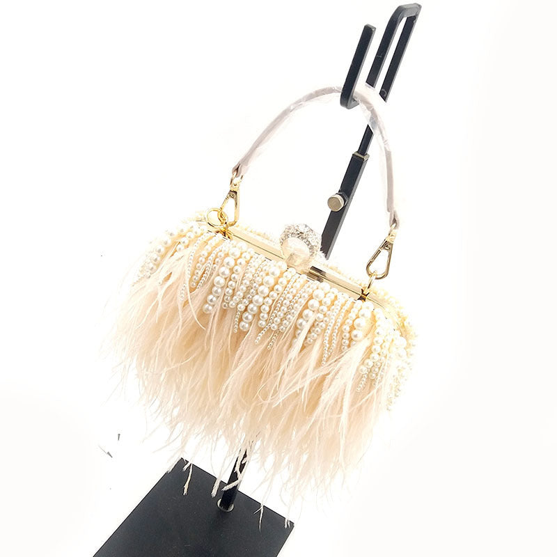 Niche Trendy Brand Ostrich Hair Bag Fashion Evening Dress Banquet Catwalk Clutch Bag Shoulder Diagonal Chain Pearl ARZ