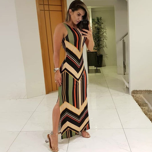 Colorful Striped Print Side Slit Maxi Dress Women Colorblock Sleeveless Slim Long Dresses ARZ