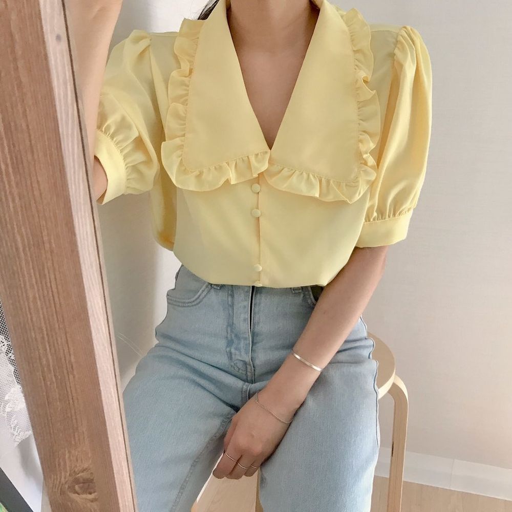 Sweet Short White Chiffon Blouse Women Ruffled Slim Women Shirt Tops Korean ARZ