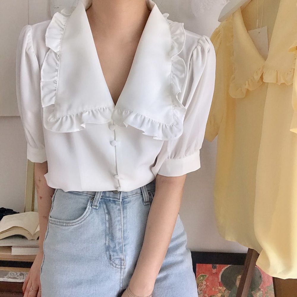 Sweet Short White Chiffon Blouse Women Ruffled Slim Women Shirt Tops Korean ARZ